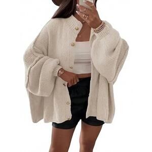 NEW HIDDENBRAND chloe elegant lantern sleeve plain vintage loose cardigan in bei